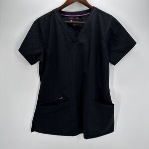 Purple Label Healing Hands Women's M Black V-Neck Scrub Top Stretch Pockets